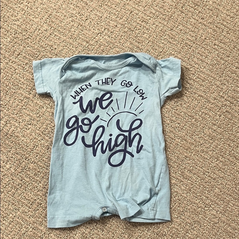 Baby Light Blue Short Sleeve Graphic Tee Romper - 'We Go High' 12-18M